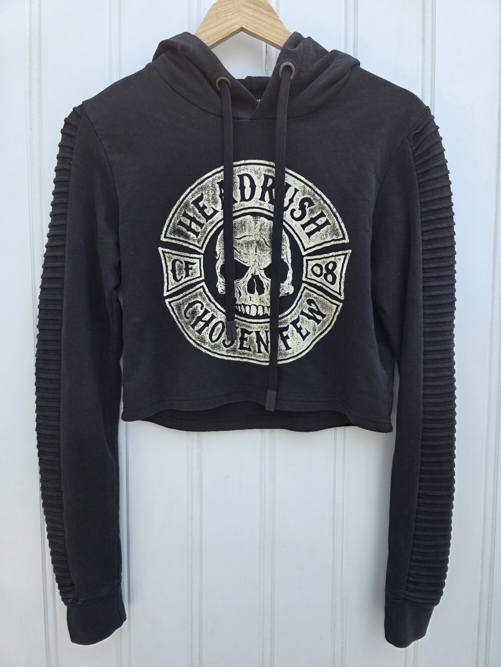 Headrush Cropped Graphic Skull Hoodie Black Womens XXS